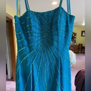 Blue Sequin Beaded Formal Maxi Dress